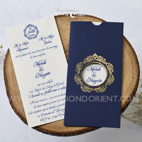Faire-part ELZA - Invitation mariage bleu et or avec dorure baroque