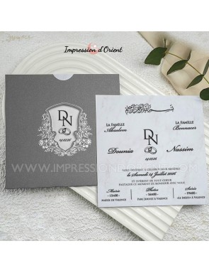 Faire-part PERLA - Invitation mariage argenté carré avec initiales