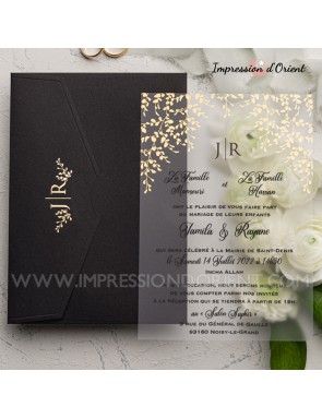 Faire-Part mariage transparent noir et or - Enveloppe personnalisée avec dorure