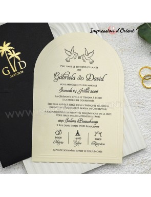 Faire-Part Mariage arrondi - Noir et or avec enveloppe personnalisée