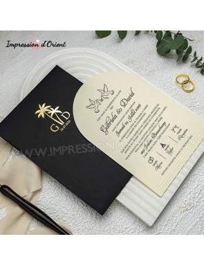 Faire-Part Mariage arrondi - Noir et or avec enveloppe personnalisée