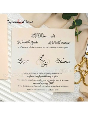 Faire-part TARA - Invitation mariage carré rose clair et or avec initiales