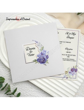 Faire-Part mariage champêtre - Décoration fleurie bleutée et détails argentés