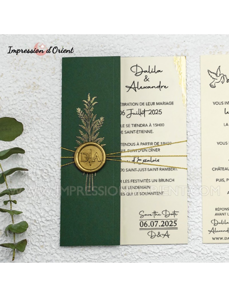 Echantillon -  Faire-part mariage vert avec sceau et cordelette dorée