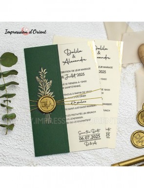 Echantillon -  Faire-part mariage vert avec sceau et cordelette dorée