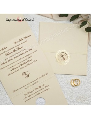 Faire-part ANNA - Invitation mariage carré 2 plis avec dorure et initiales
