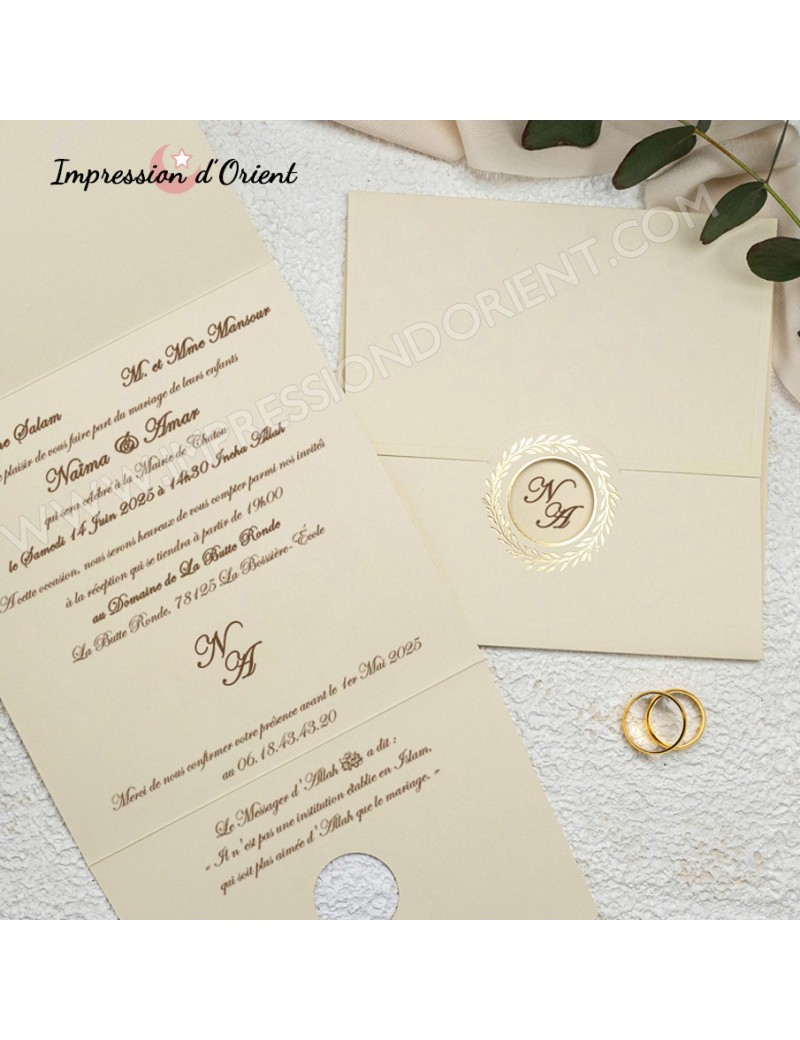 Faire-part ANNA - Invitation mariage carré 2 plis avec dorure et initiales